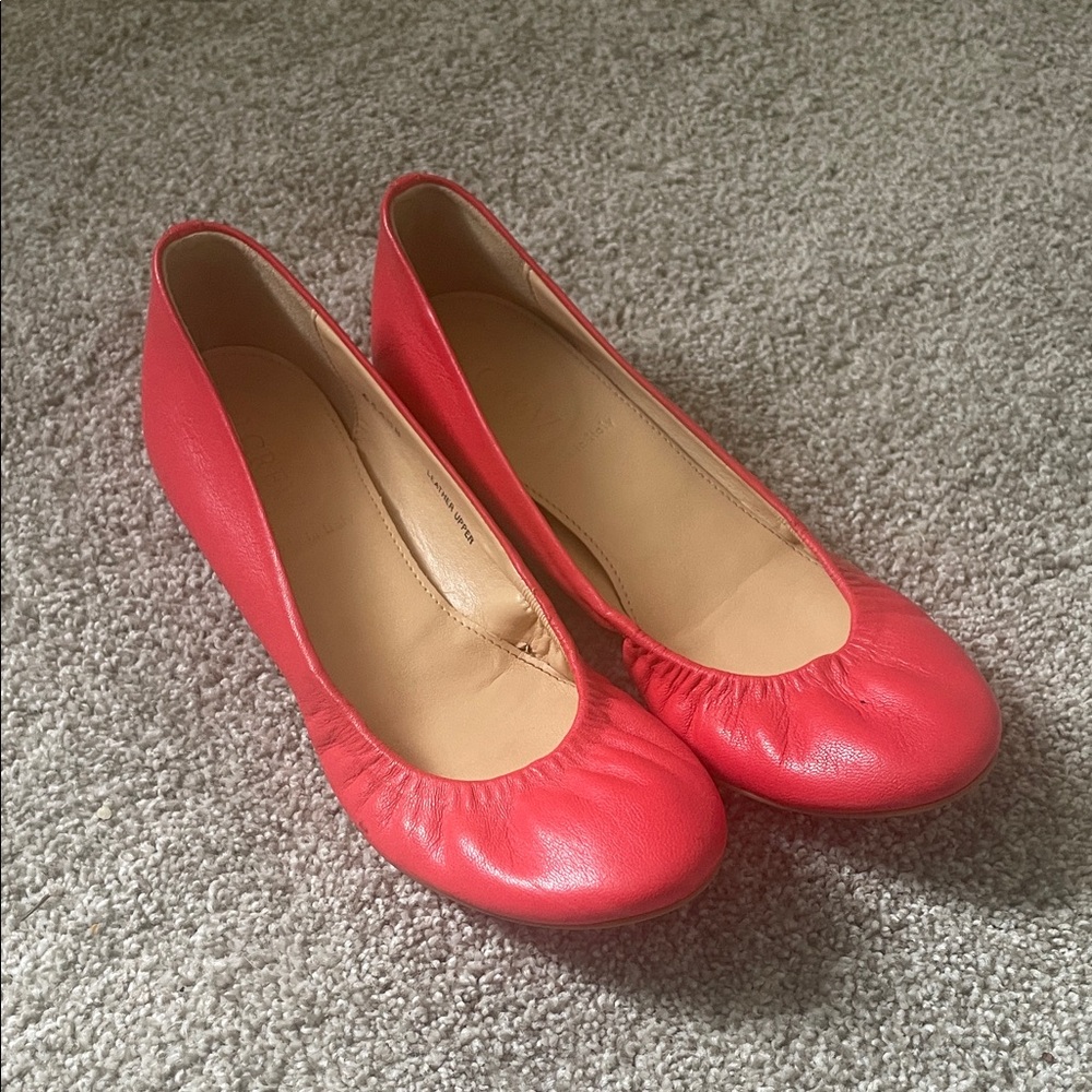 J. Crew red leather ballet flats Sz 6 rounded toe Made in Italy ruching